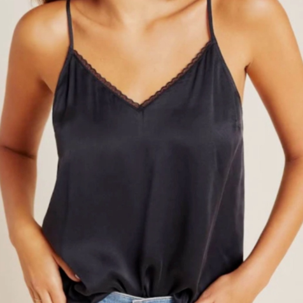 Anthropologie black silk lace trim Colette cami tank top